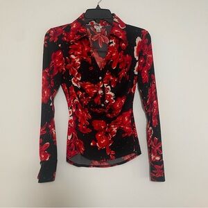 Cache Womens Blouse Button Stretch Babydoll Twist Y2K Chic Top Floral Valentines